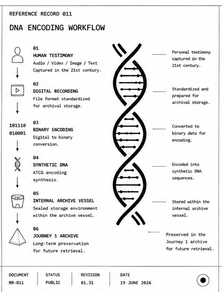 Journey 1 DNA encoding workflow from human testimony through digital recording, binary encoding, synthetic DNA, and long-term preservation